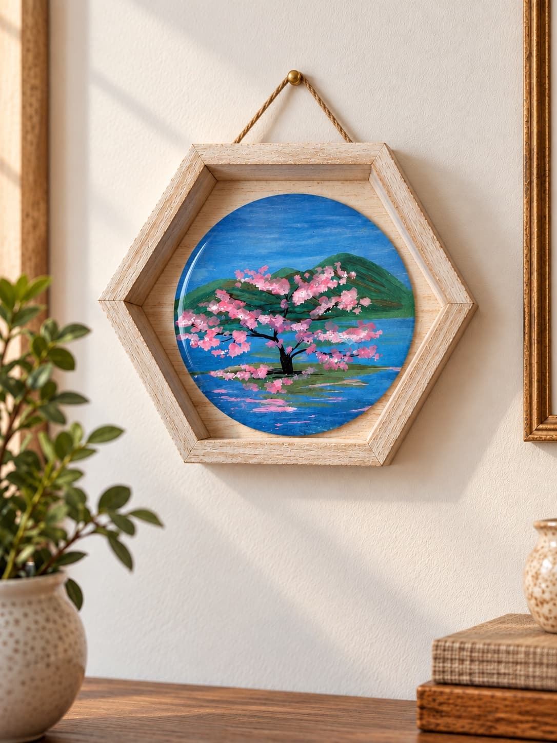 Cherry Blossom Serenity, a framed painting, on a wall