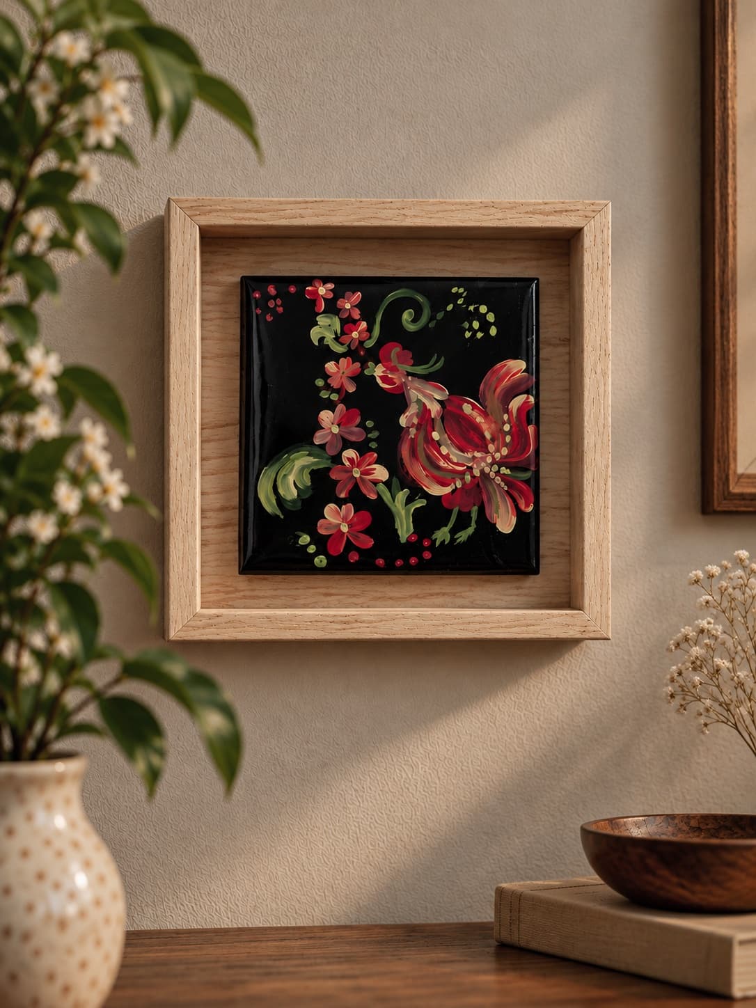 Floral Harmony, a framed folk floral painting, on a warm wall
