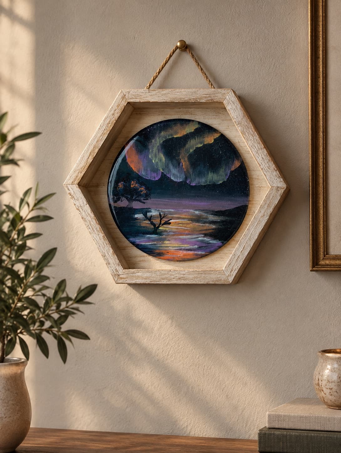 Northern Lights Reflection, a framed painting by Yana, on a sunlit wall